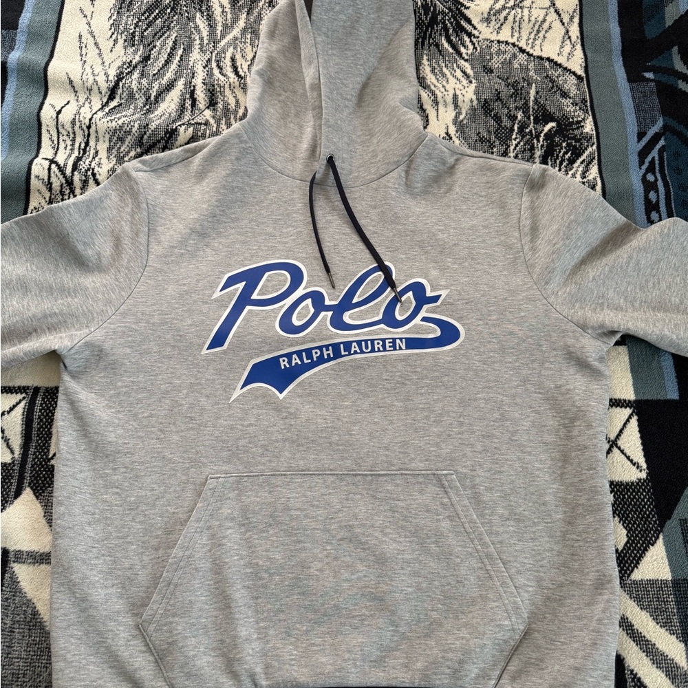 Polo Ralph Lauren Double Knit Cursive Script Logo Print Heather Gray/Blue Hoodie